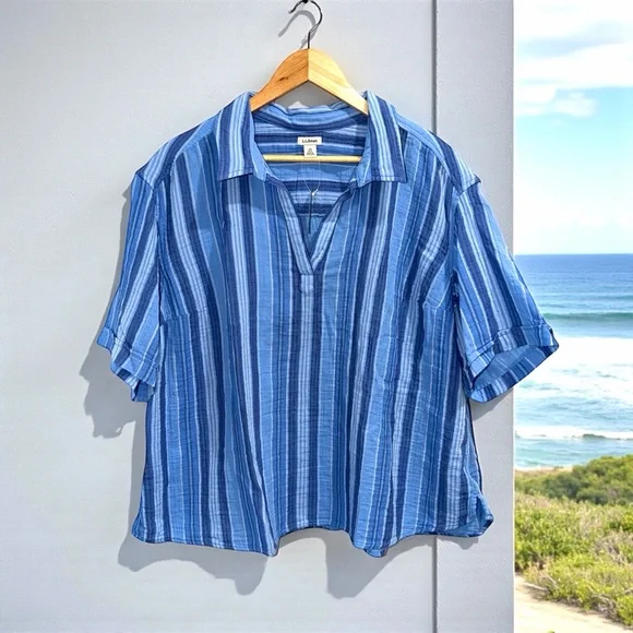 L.L. Bean NWT Coastal Cloud Gauze Polo Blue Striped Blouse Size 2X PLUS - Picture 1 of 6